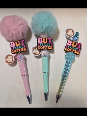 ☕SET OF 3 Handcrafted "But First, Coffee" Focal Pens - Cute Custom Beaded Coffee